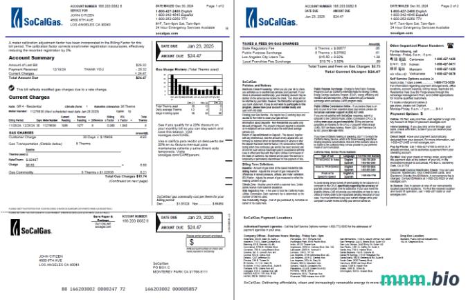 Szablon rachunku za media gazowe USA So Cal W formatach Word i PDF, 2 strony, Wersja 4